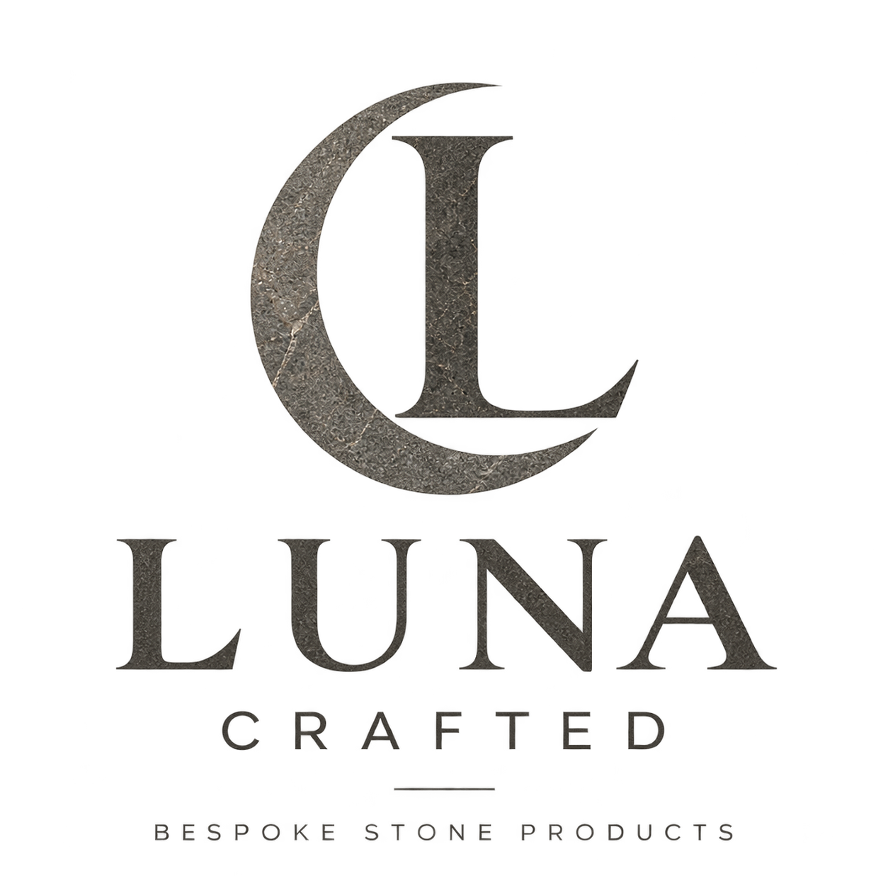 The full Luna Crafted emblem: a stone-textured crescent and L above LUNA CRAFTED and the tagline Bespoke Stone Products